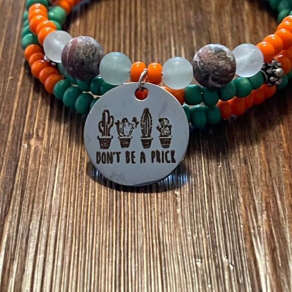 Handmade green beaded wrap bracelet with charm, Don't be a prick bracelet - Picture 6 of 6